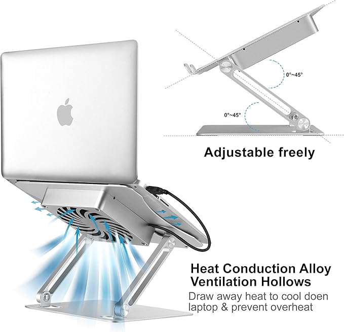 Adjustable Laptop Stand with Cooling Fan, Aluminium Alloy Multi-Angle Computer Holder for Desk, Portable Notebook Metal Mount Compatible with MacBook, Air, Pro, Dell, Alienware All Laptops 11"-17.3"