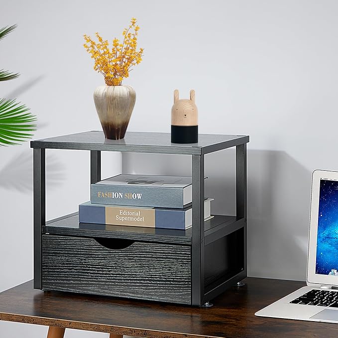 2 Tier Desktop Printer Stand,Printer Stand with Drawers, Shelf for Top of Desk ，Multi-Purpose Desk Organizer for Home Office, Fit Fax Machine, Scanner,Blakc