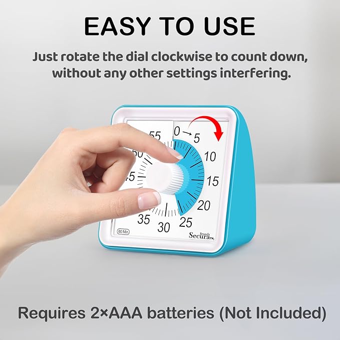 Secura 60 Minute Essential Visual Timer for Kids, Countdown Clock Timer for Special Education, Classroom, School, Desk, Home, Office, Silent Non-Ticking Time Management Tool (Blue & Blue)