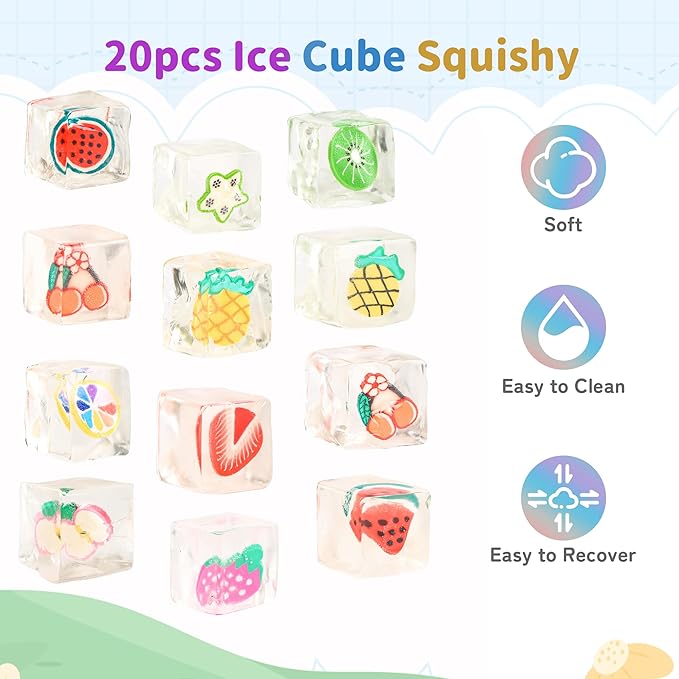 Jongdari Small Ice Cube Squishy Stress Cubes Balls Fidget Toys, Slow Rise Anxiety Relief Sensory Squeeze Toy Birthday Gifts Party Favors for Kids & Adults - 20pcs, Random Fruit Styles