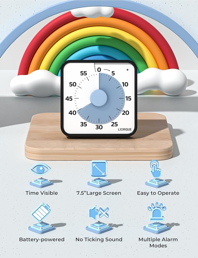 LIORQUE 60 Minute Visual Timer for Kids and Adults, Non-Ticking 7.5 Inch Large Visual Countdown Timers for Classroom Desk Countdown Clock with Magnetic Backing, Kids Pomodoro Timer Clock