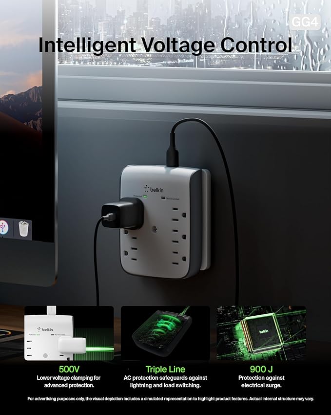 Belkin 6-Outlet Wall Surge Protector w/ 2 USB-A Ports, Wall-Mountable Surge Protector for Home, Office, Travel, Computer Desktop, Laptop, Phone Charger, & More - 900 Joules of Protection