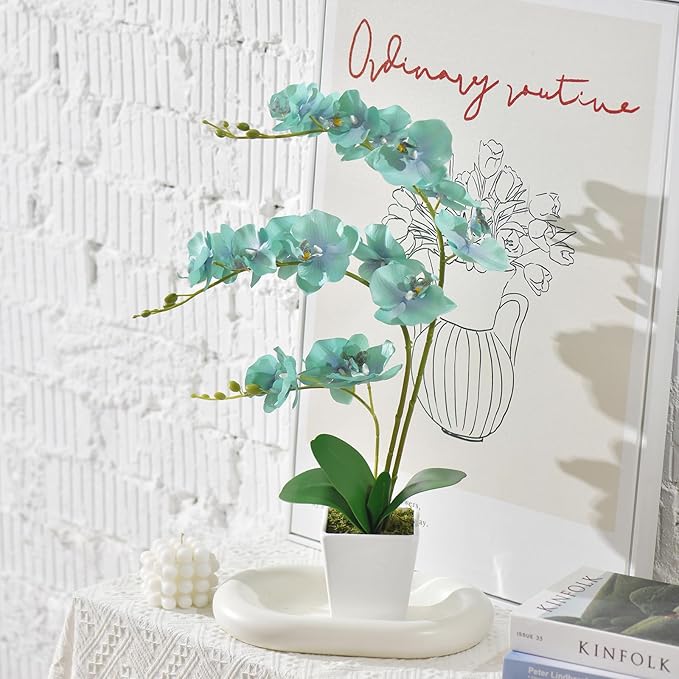 Faux Orchid in Vase Large Artificial Orchid in Ceramic Vase Teal Silk Orchids with Stems Real Look Potted Fake Flowers Arrangement Centerpiece Table Decorations for Home Decor Indoor, Golden Blue