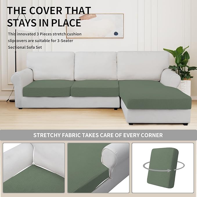 Easy-Going Stretch 3 Pieces Couch Cushion Covers for Sectional Sofa Left/Right L Shape Chaise Lounge Sofa Seat slipcover Anti-Slip Sofa Cover Soft (2 Seater + 1 Chaise, Greyish Green)