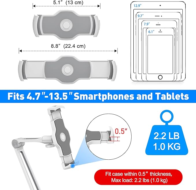 AboveTEK iPad Desk Mount, Multi-Angle Adjustable Tablet Clamp Holder, 360° Swivel Arm Aluminum Tablets Stand, Fits 4"-11" Tablet/Phone/iPad mini for Home Office Kitchen Bedside (White)