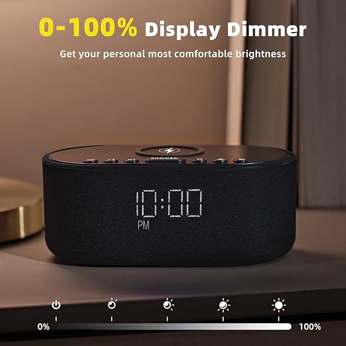 Sound Machine Alarm Clock for Bedrooms: Bluetooth 10W Stereo Sound Speaker with Wireless Charging - White Noise Machine for Sleeping with 21 Soothing Sounds - Black