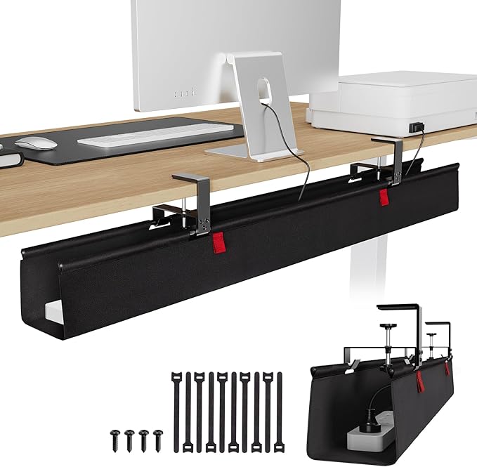 KEEGH Extra Large 48" Under Desk Cable Management Tray - Under Desk Cord Management - Clamp/Screw Mount - Support Upto 70lbs - Fabric Wire Management - Cable Raceways Tray Cord Hiders for Office/Home