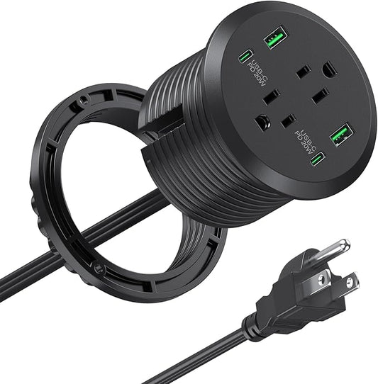 Desktop Power Grommet 3-inch Hole,40W Total Fast Charging Station, 2 PD 20W USB C Port,Flush-Mount Recessed Power Strip, 2 AC Outlets,4 USB Ports,in to The Top of Your Desk,6ft Cord