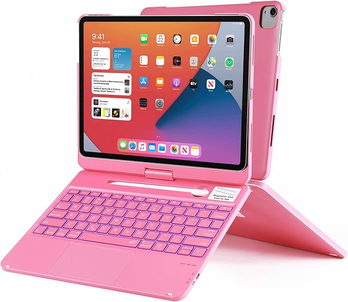Keyboard Case for iPad Air 13 inch M3 2025&M2 2024, Mulit Touchpad Backlight 360 Rotatable Cover Wireless Pencil Holder Pink
