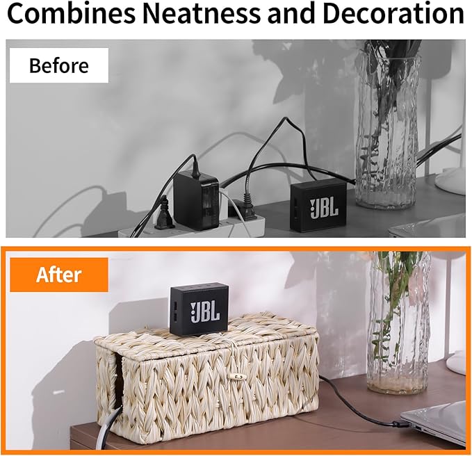 Cable Management Box,Boho Decorative Handwoven 2 Open Slots Cord Organizer Hider Box with Lid for TV Wires, Computer, Router, USB Hub and Under Desk Power Strip