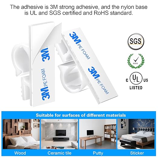 XHF 100pcs Adhesive Cable Wire Clips White, Outdoor Cable Management Wire Organizer Cord Holder for Under Desk, Car, Wall, TV PC Ethernet Cable