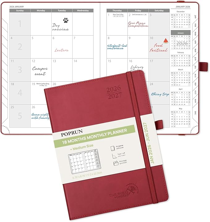 POPRUN Monthly Planner 2026-2027 (Medium- 6.5'' x 8.5'' Soft Cover), 18-Month Calendar Book (Jan.2026 - Jun. 2027), Calendar Planner with Monthly Tabs & Pocket, 100 GSM Paper - Burgundy