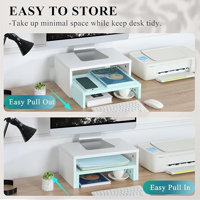 TEAMIX Adjustable White Monitor Stand Riser - 2 Pack, Wood 2 Tier Adjustable Stand for 2 Monitors/Laptop/PC