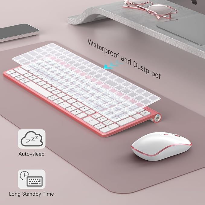 JOYACCESS Pink Wireless Keyboard and Mouse, Typewriter Keyboard Wireless, Ergonomic and Quiet Computer Mouse for for Desktop/PC/Laptop/Surface/Smart TV and Windows 10/8/ 7