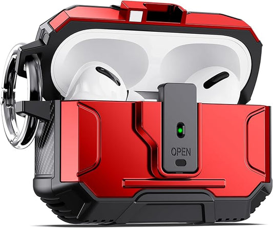 DASFOND Armor Earphone Cover Case for Airpods Pro 2, Military Grade Full Body Shockproof Protection Hard Case, Support Wireless Charging with Keychain, Magnetic Lid, Front LED Visible, Red
