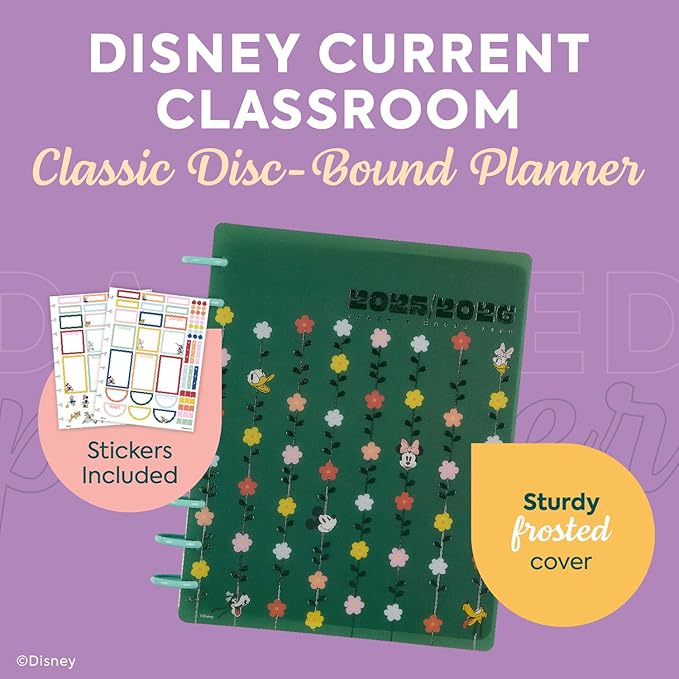 Happy Planner Disney Disc-Bound 12-Month Academic Planner, July 2025-June 2026 Planner, 3 Extra Months, 2 Sticker Sheets, Classic Size, Teacher Layout, Mickey Mouse & Friends Theme, Current Classroom