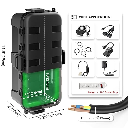 RESTMO Outdoor Electrical Box, IP54 Weatherproof Extension Cord Cover with 6 Cable Entry Ports, Waterproof Connection Box Protect Power Strip, Timer, Plug, Holiday Lights, (11.5x5.2x4 inch), Black