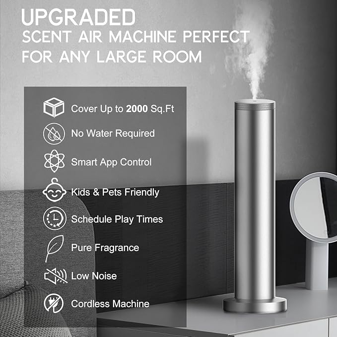 Hotel Scent Diffuser Machine -Cordless Rechargeable Diffuser for Whole House- Scent Air Machine for Home -App Bluetooth Control - Waterless Essential Oil Diffuser for Large Room, Studio Office -Silver