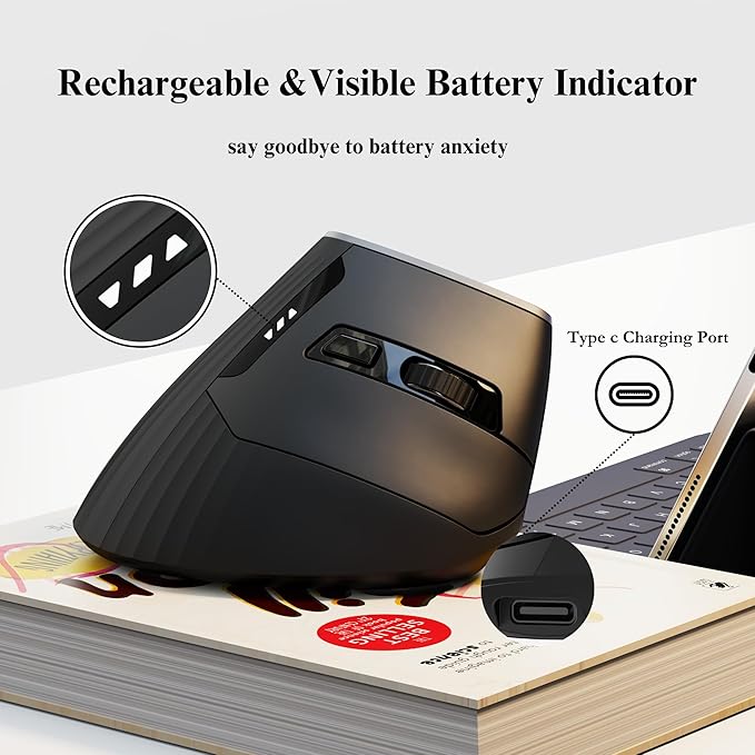 Ergonomic Wireless Mouse,Bluetooth Vertical Mouse with BT5.0/4.0/2.4G, Rechargeable with Battery Indicator,Ergonomic Design for Comfort and Reduced Wrist Strain for Home,Office Use,Black