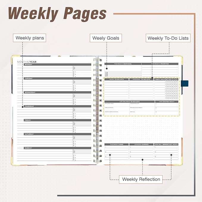 Ospelelf Daily Calendar Planner Undated Spiral Binding Weekly Monthly Hardcover Planners with Stickers 12 Months Productivity Agenda Journey Letter Size Brown