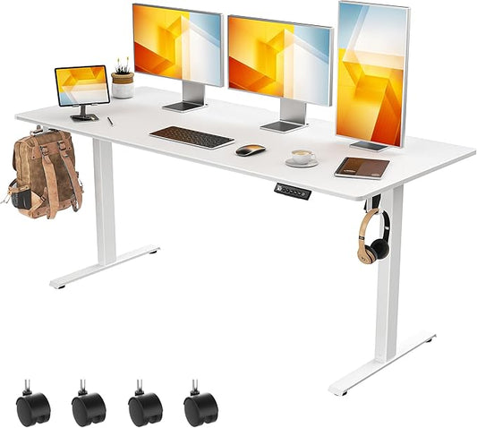 63 x 28 inch Electric Standing Desk Adjustable Height with 4 Wheels, 4 Memory Height Settings, 2 Headphone Hook, for Home Office, White