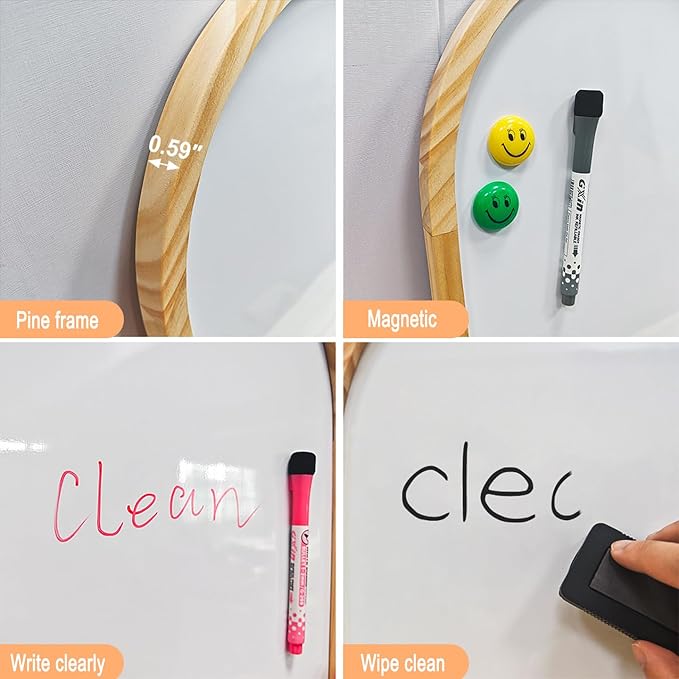 Curved Whiteboard, Dry Erase Board, Holiday Gift, Pine Frame, Wall Mounted, with Four Magnets and Writing Pens, Easy to Erase, Writing Board, Home, School