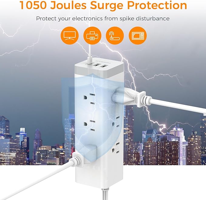 Surge Protector Power Strip 10 FT, TESSAN Ultra Thin Flat Plug Long Extension Cord with 9 Outlets 3 USB(1 USB C), 1050J Protection Desk Charging Station for Home, Indoor, Office, Dorm Room Essentials
