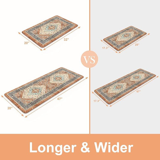 KIMODE Anti Fatigue Kitchen Mat 20"x47"+20"x32", Boho Distressed Kitchen Rugs Sets of 2, Kitchen Mats for Floor Cushioned Non Slip, Comfort Kitchen Floor Mats for Sink, Laundry, Desk Orange