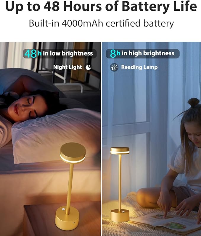 Modern Rechargeable Cordless Table Lamp, Aluminum Shell Dimmable Battery Powered Lamp, 4000mAh Certified Battery, 3000K Portable Warm White Bedside Lamp, Pack of 2 (Gold)