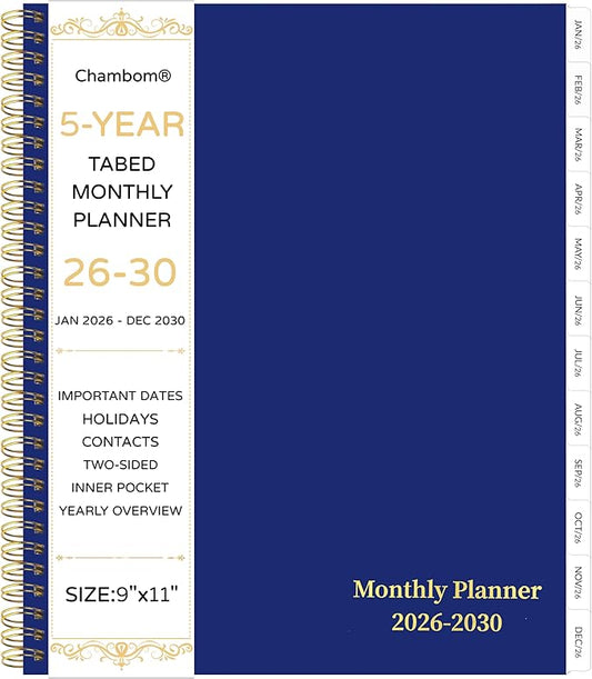 2026-2030 Monthly Planner, 5 Year Monthly Planner/Calendar 2026-2030, 60-Month Jan 2026 – Dec 2030, 9" x 11", Tabs, Double-Side Pocket, Holidays, Thick Paper - Blue