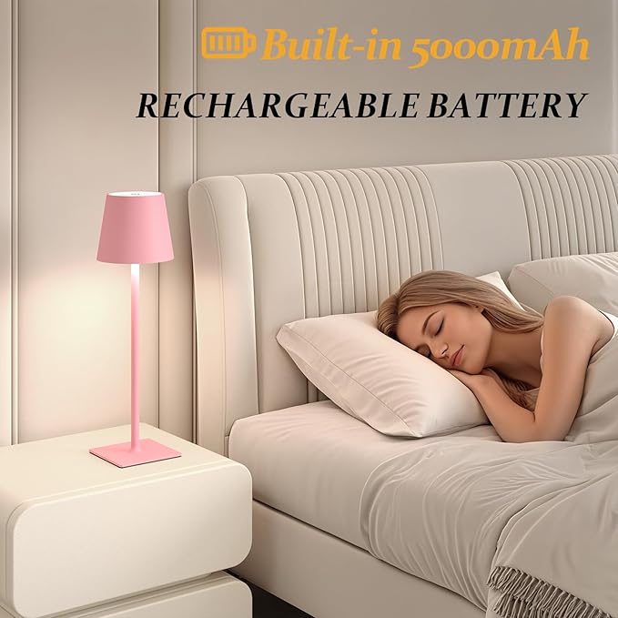2 Pack Cordless Table Lamps, 3 Colors Stepless Dimming, 5000mAh Rechargeable Battery LED Desk Lamp for Bedroom/Couple Dinner/Desk/Cafe/Dining Room/Terrace