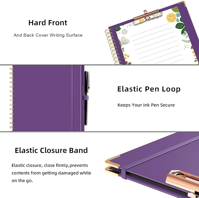 Ospelelf Clipboard with Storage 8.5 X 11，Padfolio Organizer, Spiral Portfolio Letter Size with Notepad, Pen Holder, 5 Extra Folder Divider Pages, Elastic Closure Nurse Office Essentials (Purple)