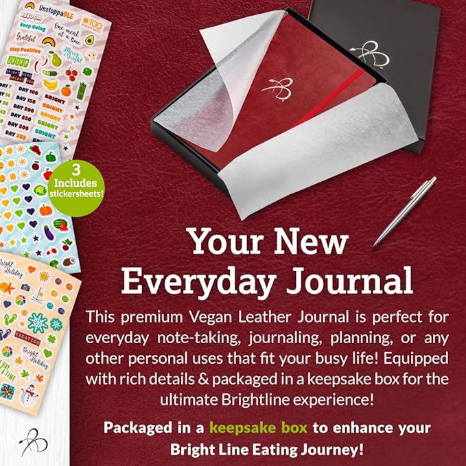 Bright Line Eating Line Journal Notebook, Vegan Leather Journal w/Lay-Flat Binding, Berry Notebook Journal for Women & Men, Writing Journal, Food Journal, Travel Journal, Fitness Journal w/Stickers