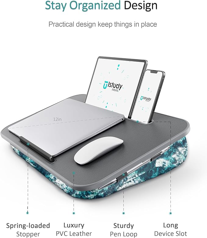 Lap Desk - Washable Cushion – Fits up to 17-Inch Laptops – Portable Laptop Desk & Stand – Bed desks & Tray for Writing, Reading, Working, Gaming on Bed, Couch, Floor –Istudyniture - Large, Waves