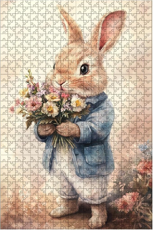 500 Piece Wooden Puzzle Rabbit Adults & Kids Challenging Jigsaw for Stress Relief Family Bonding & Skill Building 20.4x15 Inch