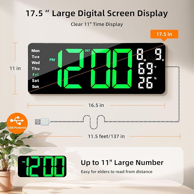 17.5” Digital Wall Clock, LED Display with Time, Date, Month, Temperature & Humidity, Remote Control DST, Alarm, Timer, 10-Level Brightness, Night Light for Home, Living Room, Bedroom & Office Décor