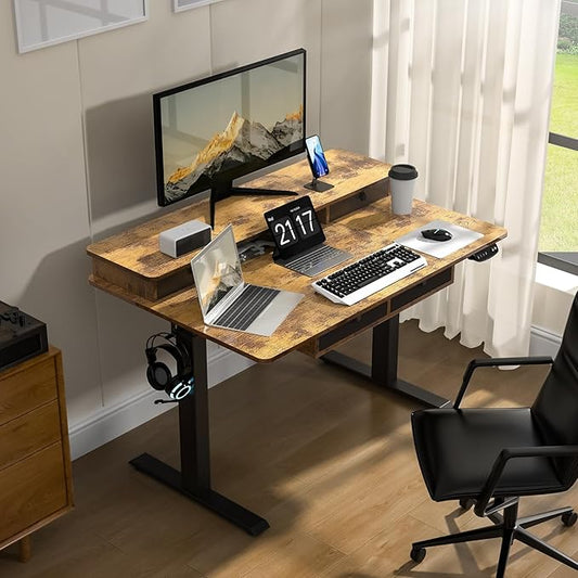 48 * 30 Inches Electric Standing Widened Desk Adjustable Height with 4 Drawers, Double Storage Shelves Stand Up Desk, Home Office Workstation Sit Stand up Desk (Rustic Brown)