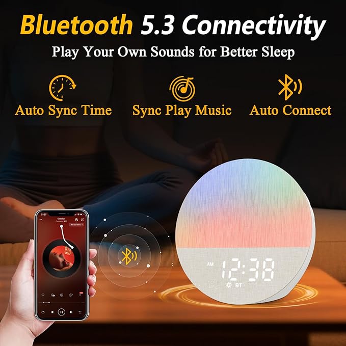 Sunrise Alarm Clock for Morning Wake-up: Gentle Gradual Wake Up Light for Heavy Sleepers Relieve Stress - Linen-Wrapped for Bedroom - 30 Sleep Sounds White Noise Machine with Memory & Bluetooth