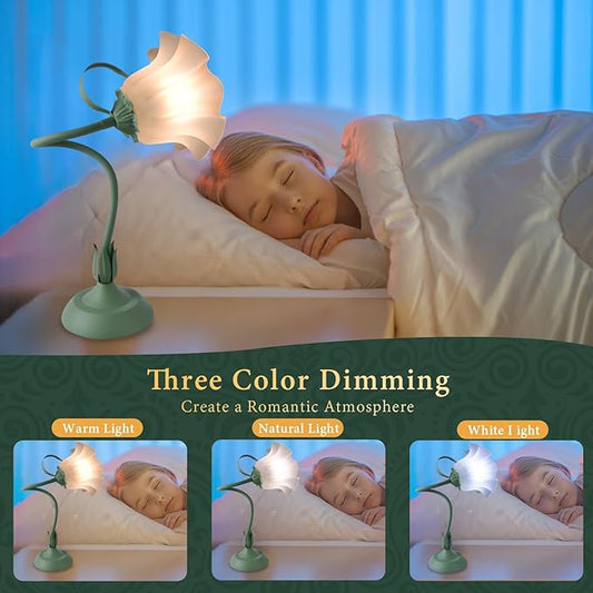 Cute Flower Table Lamp, Bedside Vintage Flower Lamp with LED Bulb, 3 Colors Temperature Flower Lamp for Bedroom Living Room Bedside Desk Reading Lighting Table Lamps Home Decoration (Green)