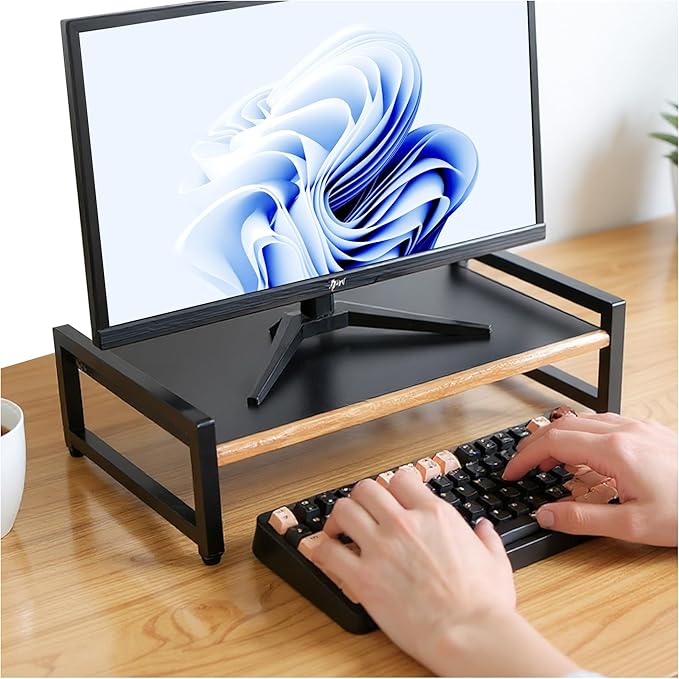 Monitor Riser,Monitor Stand for Desk -Metal Computer Riser with Solid Wood Decorative Strips.Desk Storage for Office, Home (no Storage)