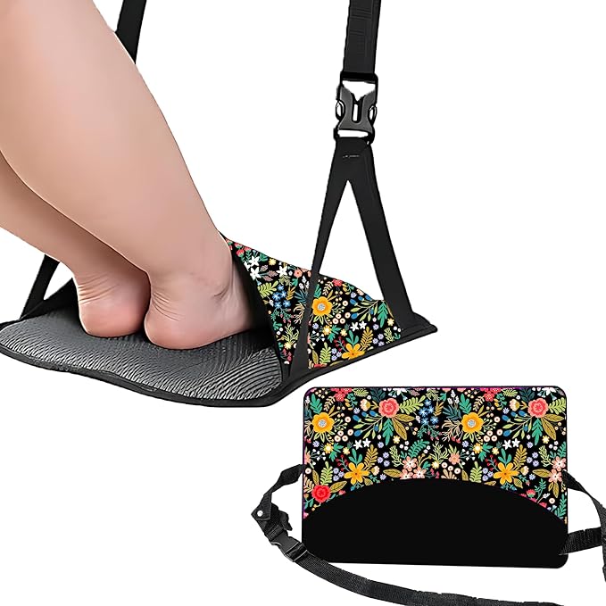 Airplane Footrest Adjustable Feet Rest for Plane Easy to Use Foot Hammock Airplane Travel Essentials Portable Light Leg Hammock for Plane Travel Accessories for Adult (Flower, 4 Pack)