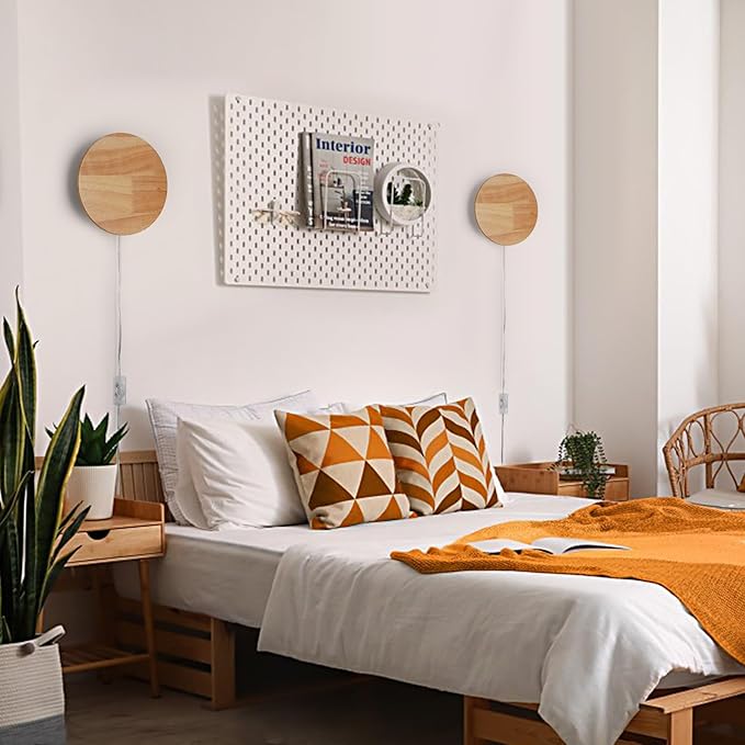 Modern Minimalist Plug in Wall Sconces, Plug-in Or Cordless 11.8'' Round Wood Backlight LED Wall Lamp, 25W, 2500LM Warm White Brightness Wall Light Fixtures for Bedroom, Living Room Wall Décor