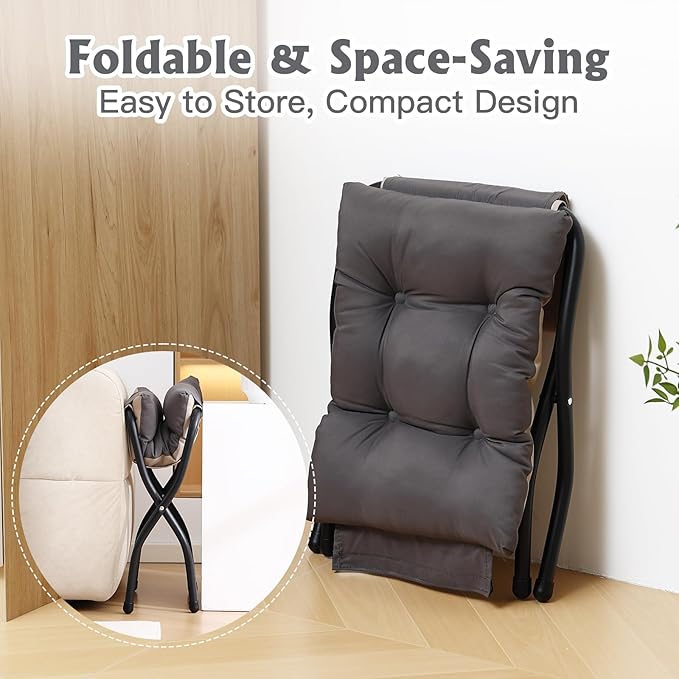 Welnow Folding Foot Stool, Upholstered Small Accent Ottoman with Detachable Thick Cotton Cushion Padded Sofa Stool and Metal Frame for Lazy Chair, Living Room, Bedroom, Dark Grey