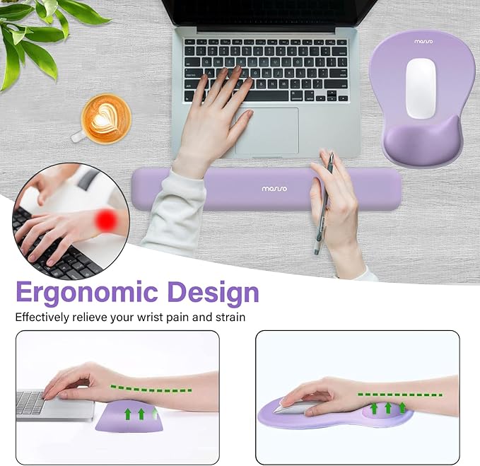 MOSISO Wrist Rest Support for Mouse Pad&Keyboard Set, Ergonomic Mousepad with Concave Curved Memory Foam, Non-Slip Base Pain Relief Comfortable Rectangular Easy Typing Pad for Home/Office, Purple