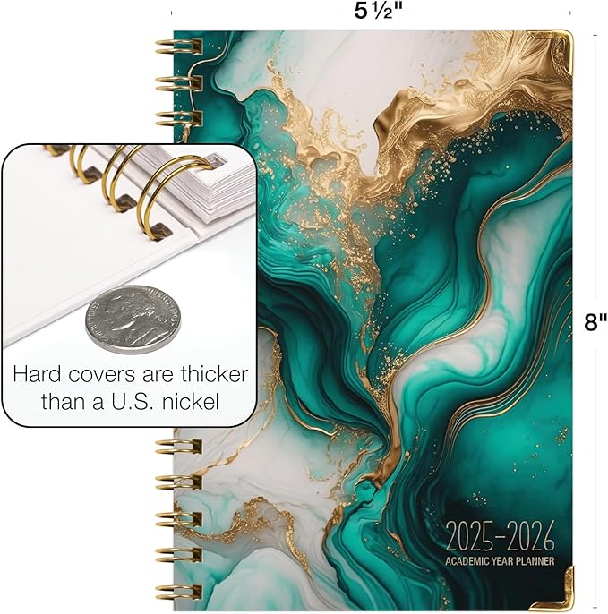 HARDCOVER Academic Year 2025-2026 Planner: (June 2025 Through July 2026) 5.5"x8" Daily Weekly Monthly Planner Yearly Agenda. Bookmark, Pocket Folder and Sticky Note Set (Teal Gold Marble)