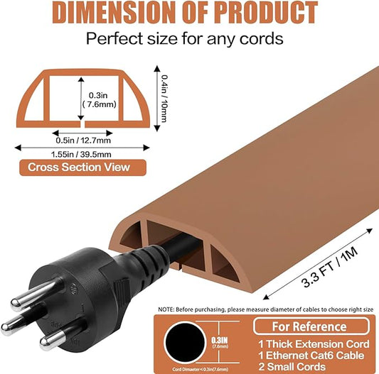 Floor Cord Cover Self Adhesive Cord Hider,3.3FT Cable Management, Extension Strip Protector for Wires, Prevent Cable Trips for Offices, Gyms, Exhibitions Cavity:0.51"(W) x 0.3"(H) Brown