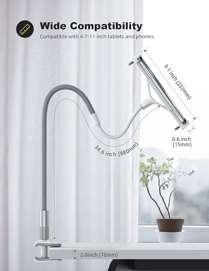 Lamicall Gooseneck Tablet Holder, Tablet Stand : Flexible Arm Clip Tablet Mount Compatible with iPad mini Pro Air, Kindle, Switch, Galaxy Tabs, More 4.7-10.5" Devices - Gray