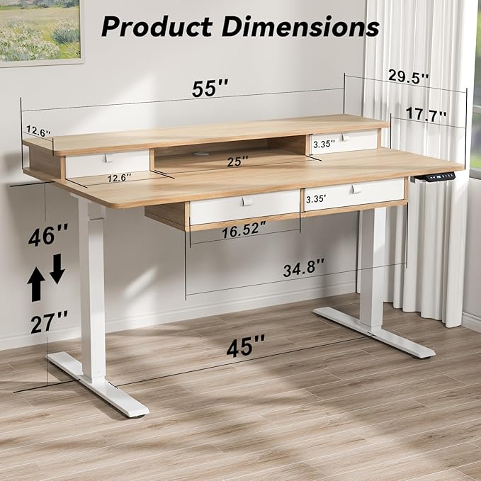 Adjustable Height Standing Desk with 4 Drawers,55 x 30 inches Electric Sit Stand Home Office Desk with Two Tiers, 3 Memory Presets, Monitor Stand Riser, USB A/C Charging Port