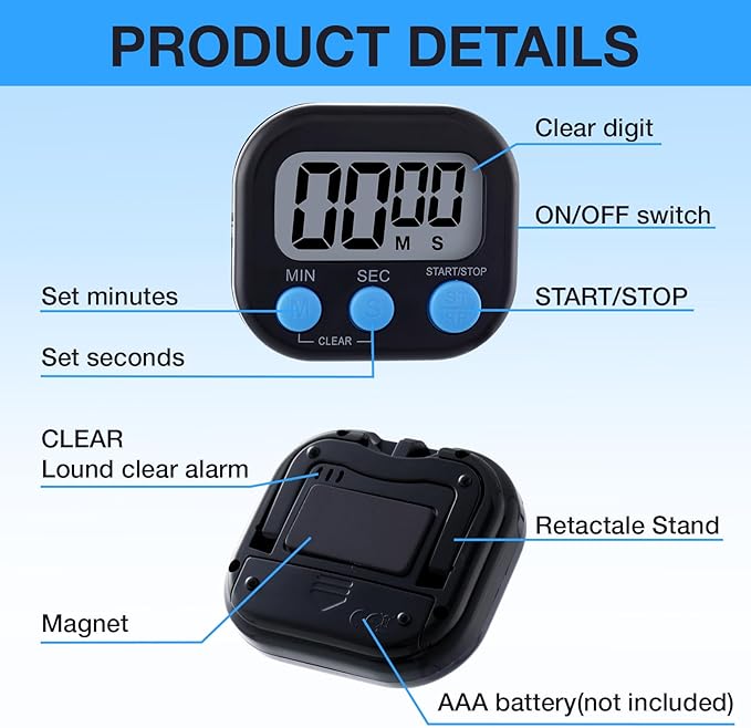 Leumoi 24 Pcs Digital Kitchen Timers Magnetic Back Timers Bulk Large Screen Loud Alarm On/Off Switch Minute Second Count up Countdown Memory Setting for Cooking Classroom Exercise(Black and Blue)