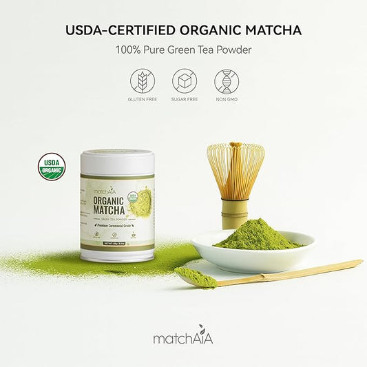 MatchAiA Premium Ceremonial Grade, USDA-Certified Organic Matcha, 100% Pure Green Tea Powder, First Spring Harvest, Sugar Free, Gluten Free (60g / 2.1oz Tin Can)